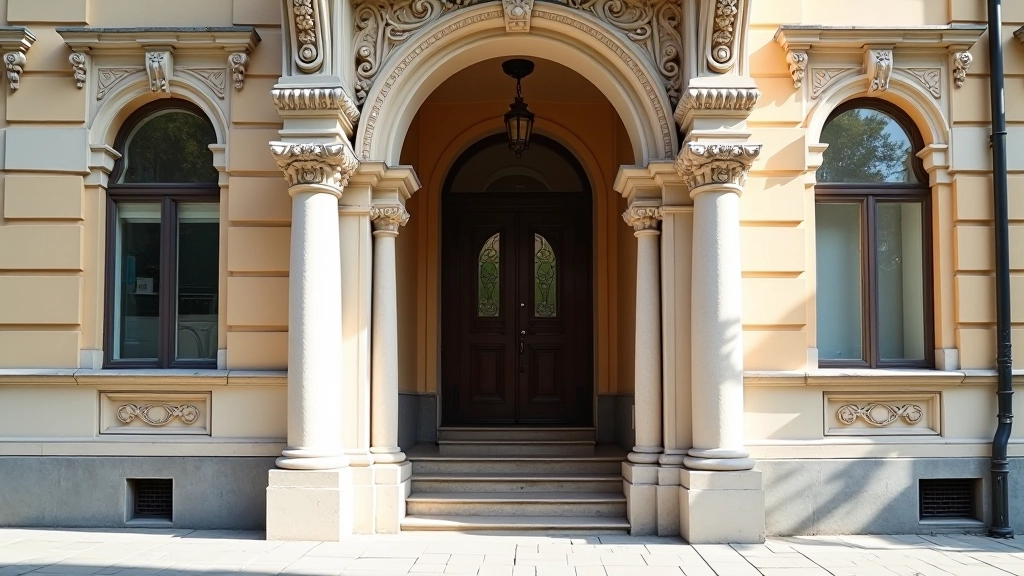 Ornate Art Nouveau building entrance with decorative columns and arched doorway, street view from sidewalk level