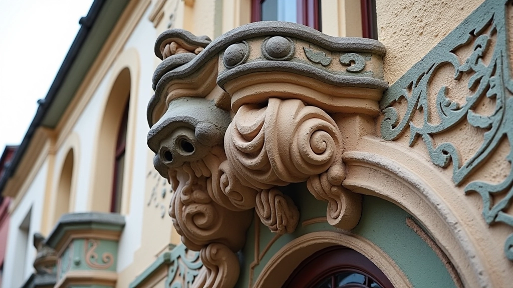 Art Nouveau facade with ornate decorative details, sculpted faces, and flowing organic patterns