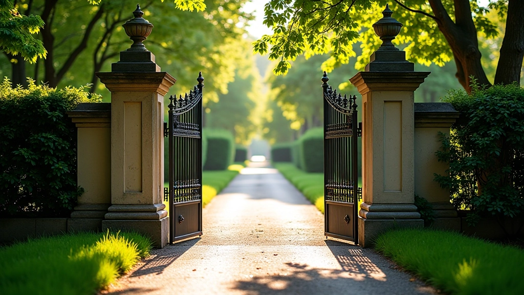 Street entrance to Vermanes Garden with ornate iron gates, historic stone pillars, and tree-lined pathway visible beyond the entrance