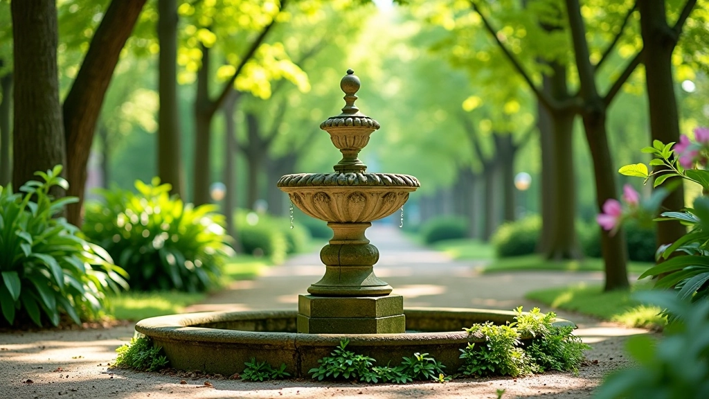 Historic stone fountain in Vermanes Garden with moss-covered edges, surrounded by mature trees and green foliage