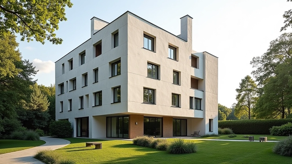 Early 20th century modernist building with geometric forms and clean lines