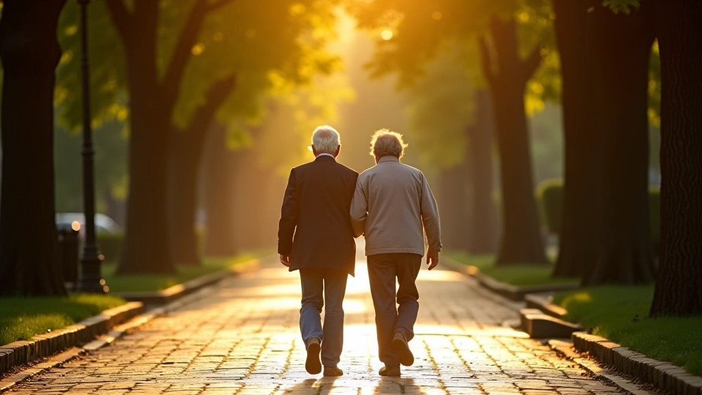 Older adult couple walking together on cobblestone street in historic district, morning light, tree-lined path