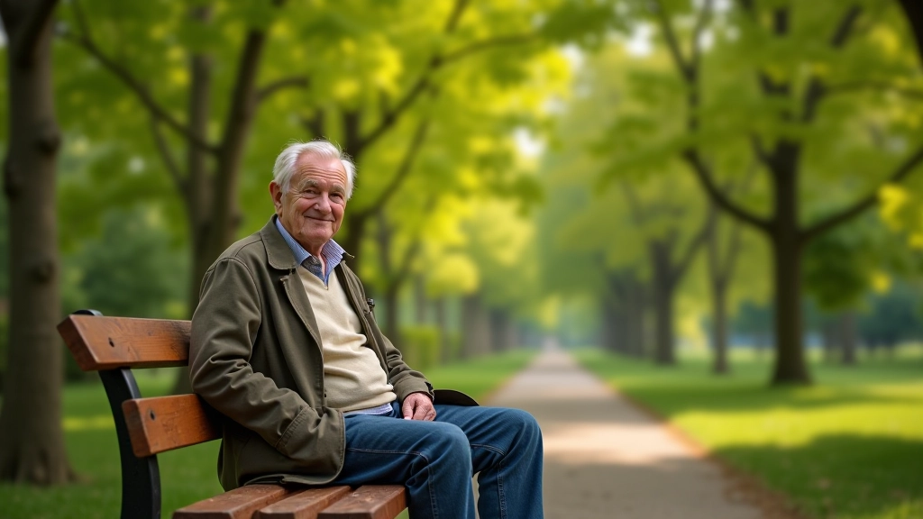 Elderly person sitting on a wooden bench in a historic park surrounded by mature trees and green landscaping