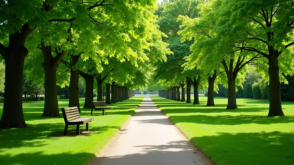 Vermanes Garden peaceful park with mature trees, green grass, and stone pathways on a sunny day