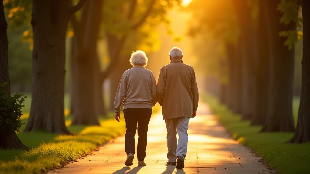 Elderly couple walking together on a tree-lined path in the old town district during golden hour
