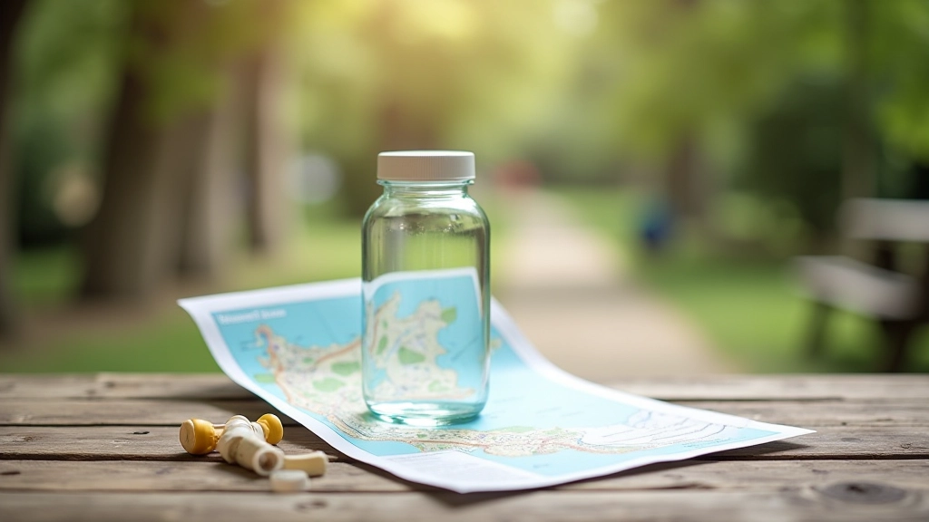 Water bottle and walking map displayed on a wooden table with heritage building architectural sketches visible nearby