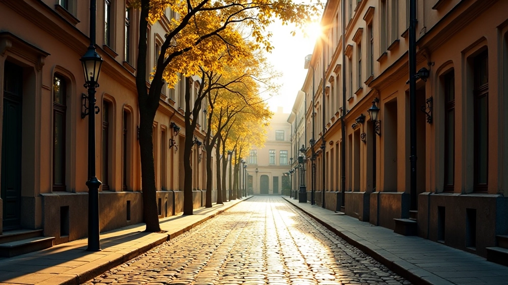 Historic cobblestone street in Riga old town with Art Nouveau buildings and autumn foliage